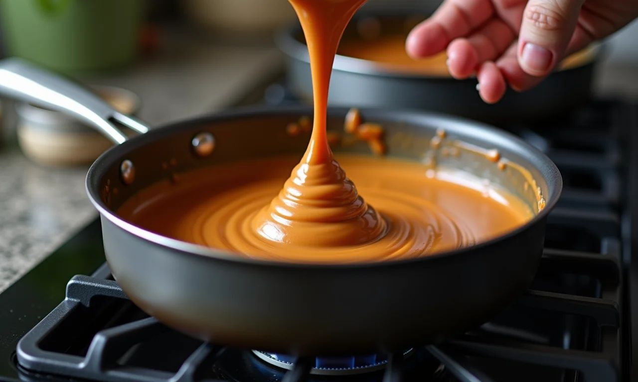 Brigadeiro de laranja no ponto ideal, sendo mexido na panela.