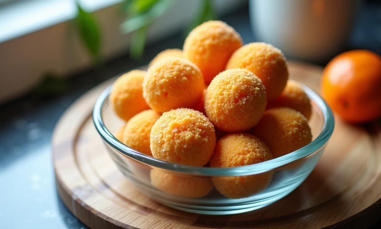 Brigadeiros de laranja armazenados em pote de vidro.