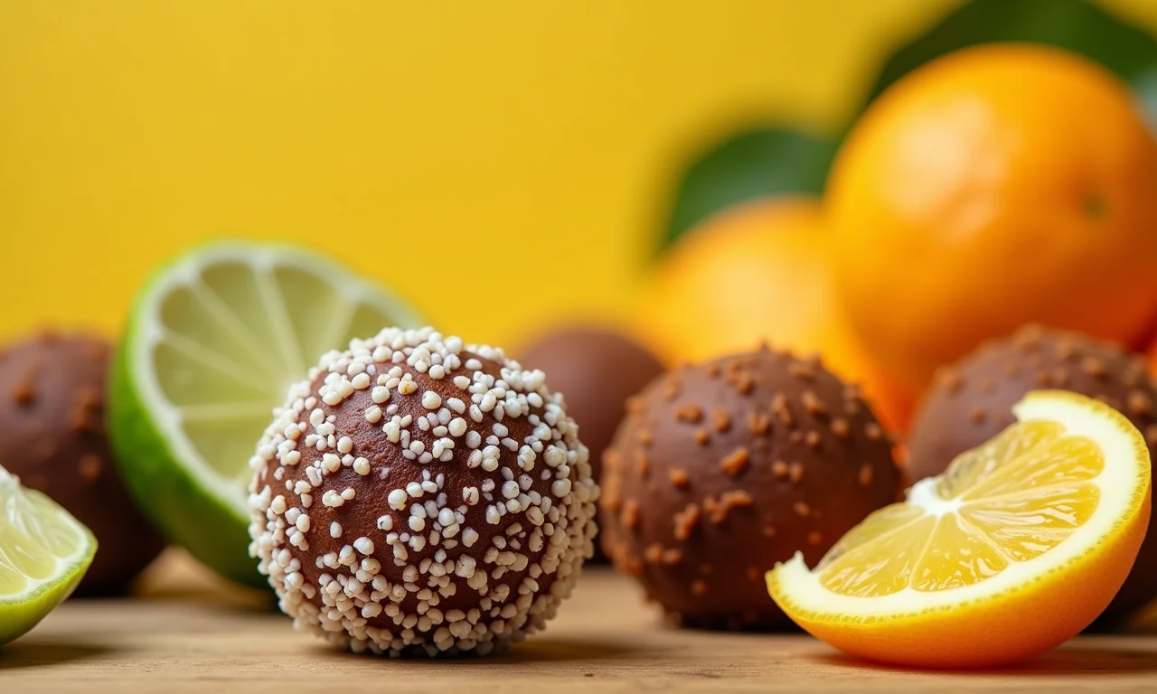 Brigadeiros de laranja com outras frutas cítricas (lima, tangerina).