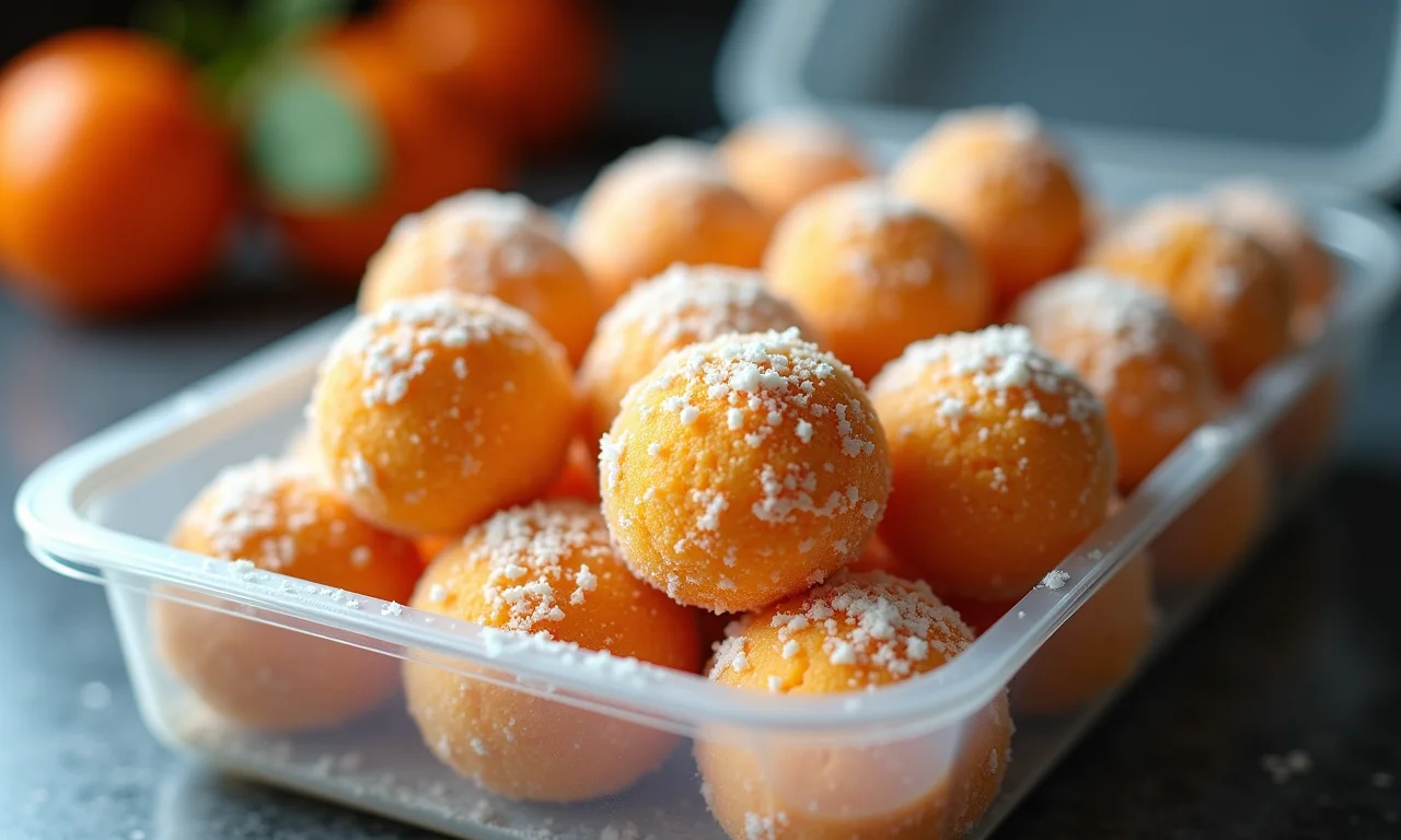 Brigadeiros de laranja congelados em recipiente no freezer.