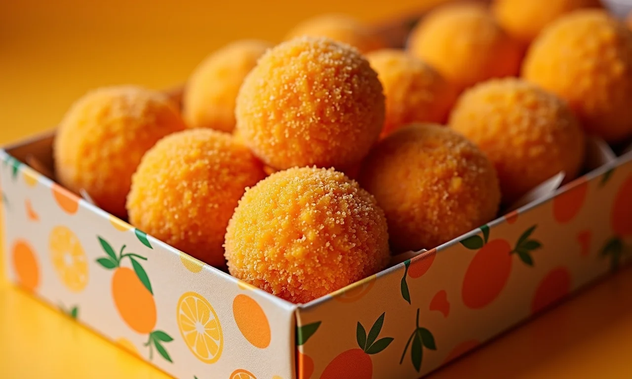 Brigadeiros de laranja embalados em caixa decorativa para venda.