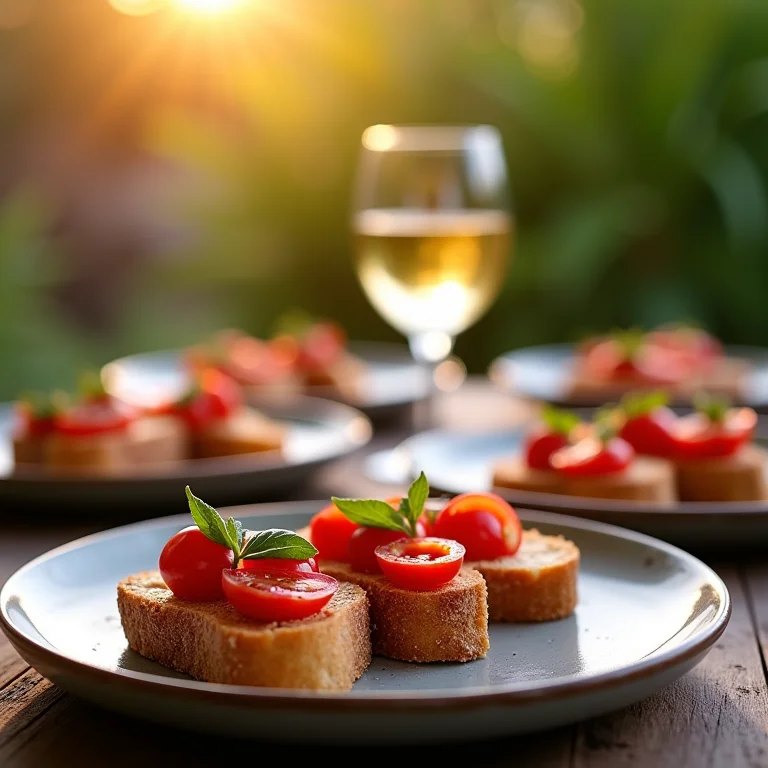 Bruschetta de tomate sendo servida em festa no jardim