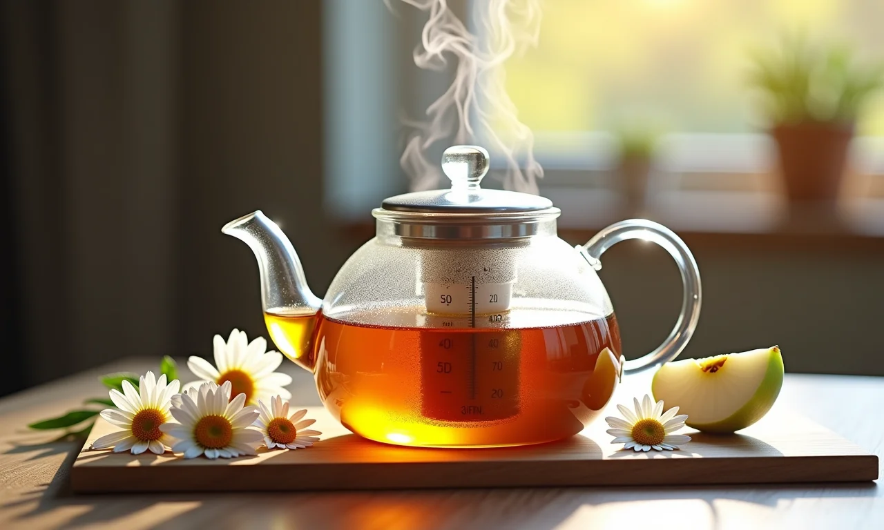 Bule fumegante de chá de camomila e maçã com termômetro.