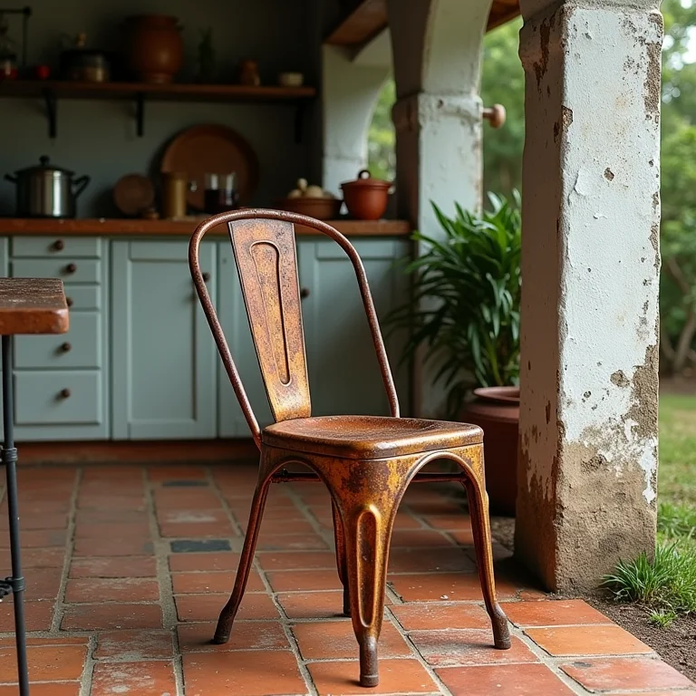 Cadeira de metal enferrujada e azulejos rachados em cozinha externa.