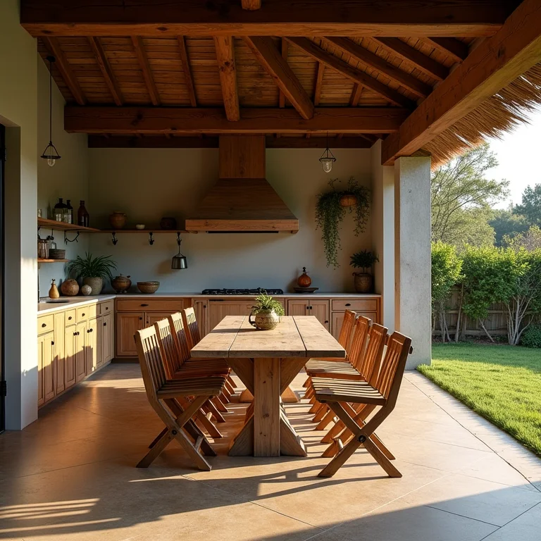 Cadeiras de madeira desconfortáveis em uma cozinha rústica externa.