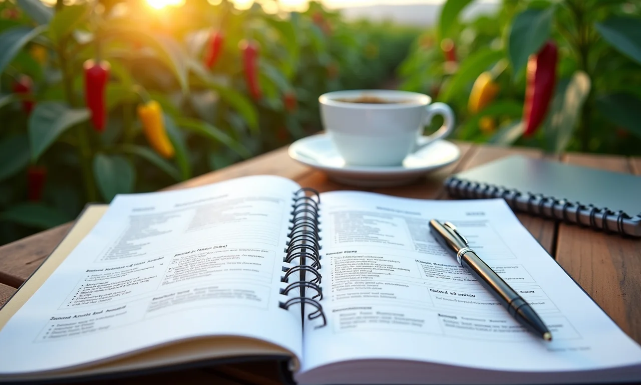 Caderno aberto com plano de negócios para plantação de pimentas, luz natural.
