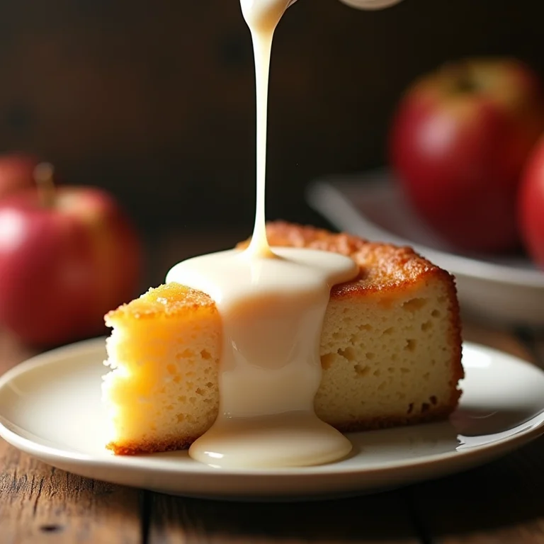 Calda caseira sendo despejada sobre uma fatia de bolo de maçã.