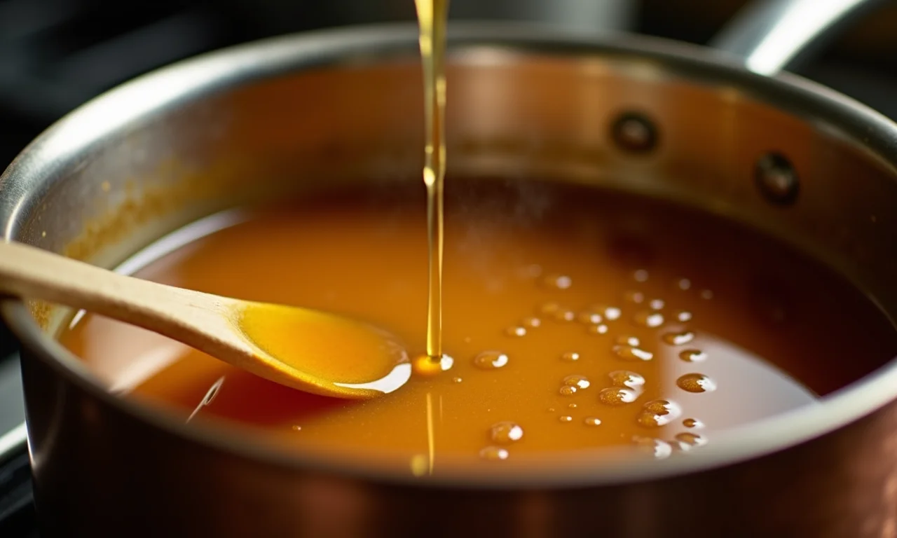 Calda de açúcar dourada fervendo em panela de cobre.