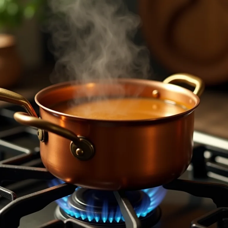 Calda de caramelo sendo preparada em panela de cobre.