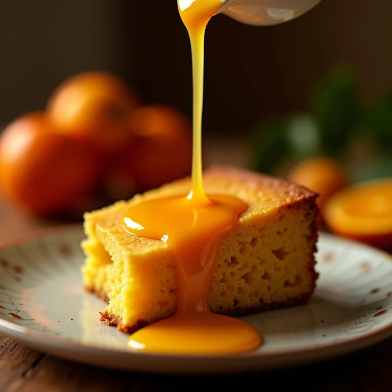 Calda de laranja escorrendo sobre o bolo