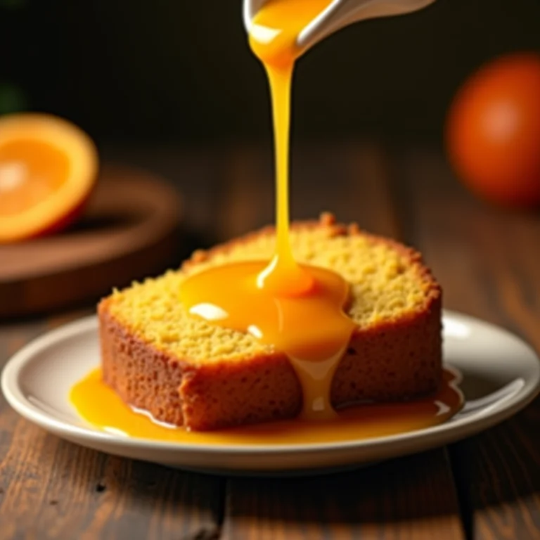 Calda de laranja sendo derramada sobre uma fatia do bolo.