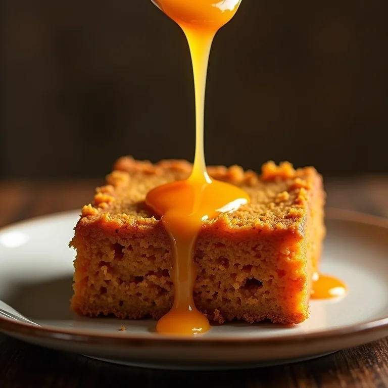 Calda de laranja sendo despejada sobre o bolo de cenoura