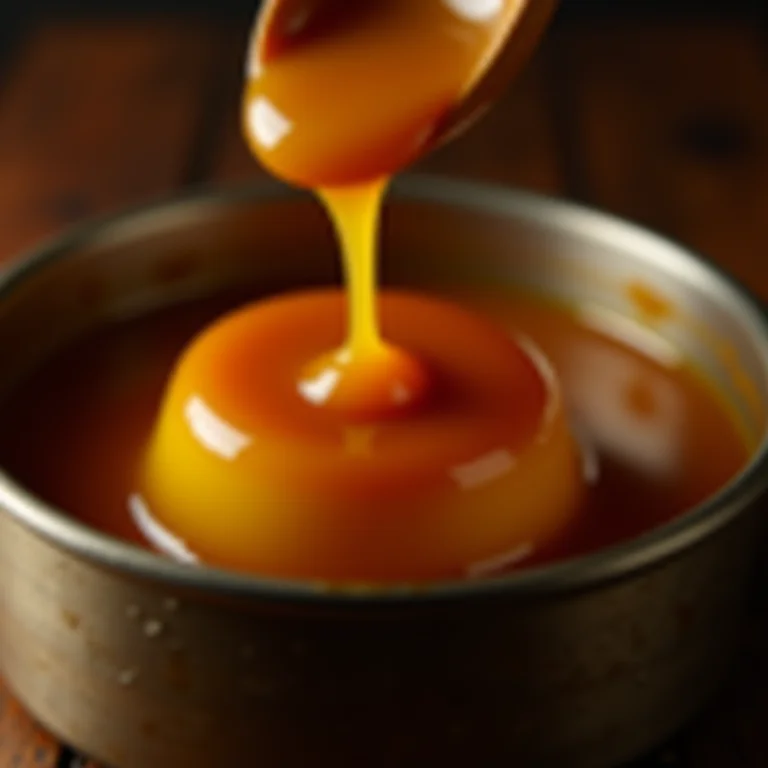 Calda dourada sendo despejada em forma de pudim