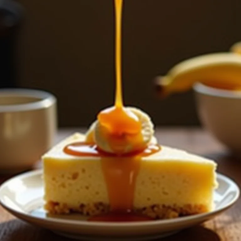 Calda sendo derramada sobre o pudim de banana.