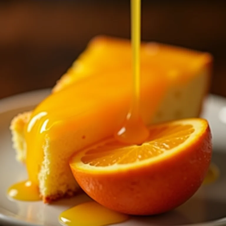 Calda sendo despejada sobre fatia de bolo de laranja