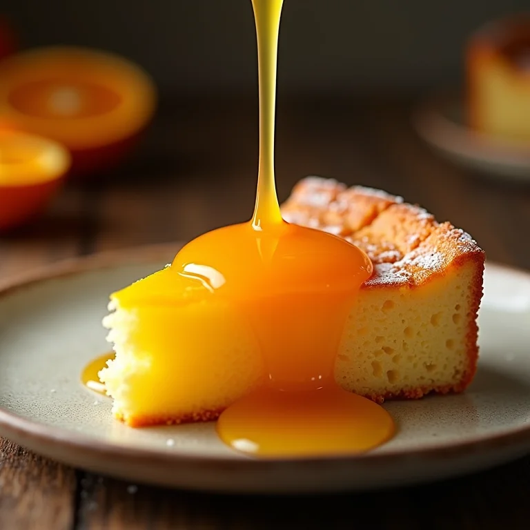 Calda sendo despejada sobre o bolo de laranja.