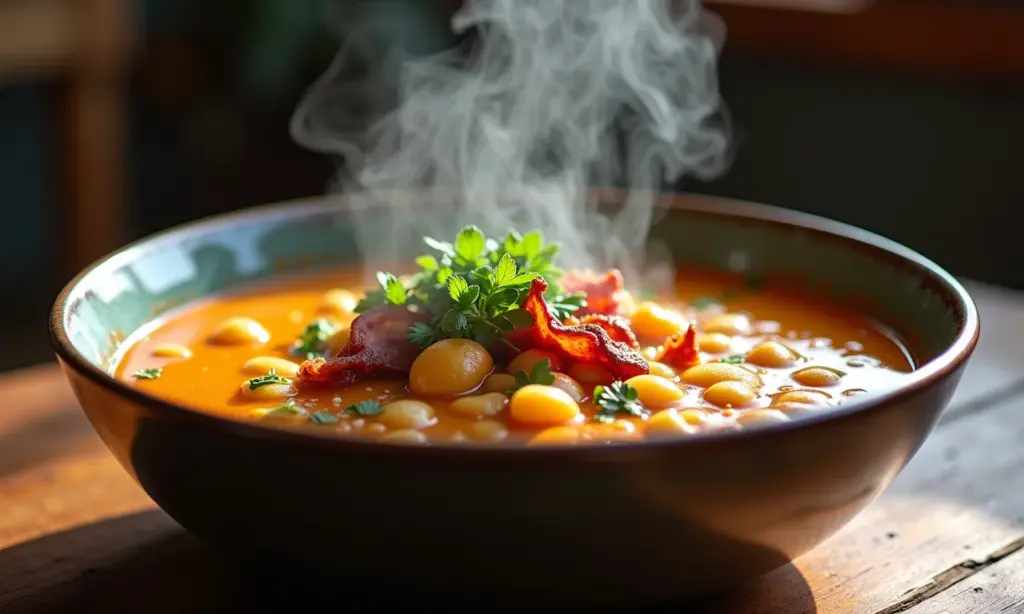 Caldinho de feijão fumegante em um boteco, com bacon e ervas frescas.