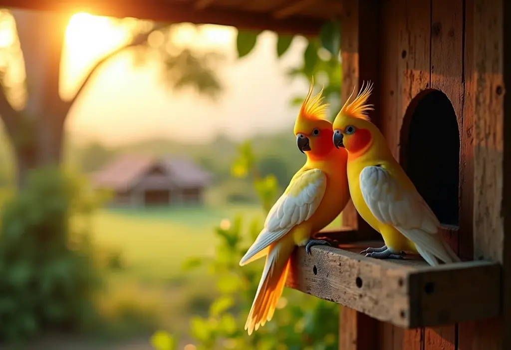 Calopsitas em ninho rústico numa varanda de sítio
