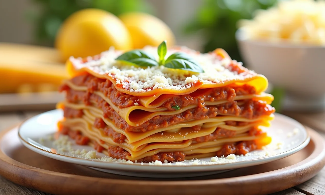 Camadas de lasanha prontas para assar com massa, molho, bechamel e queijo.