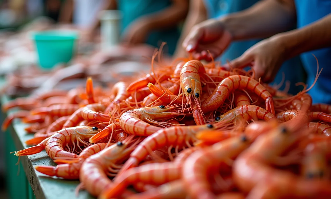 Camarões de água doce à venda em mercado brasileiro.