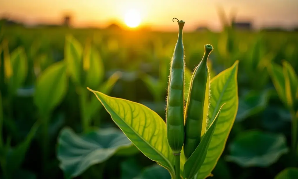 Campo de feijão caupi exuberante ao entardecer, com vagens prontas para a colheita.