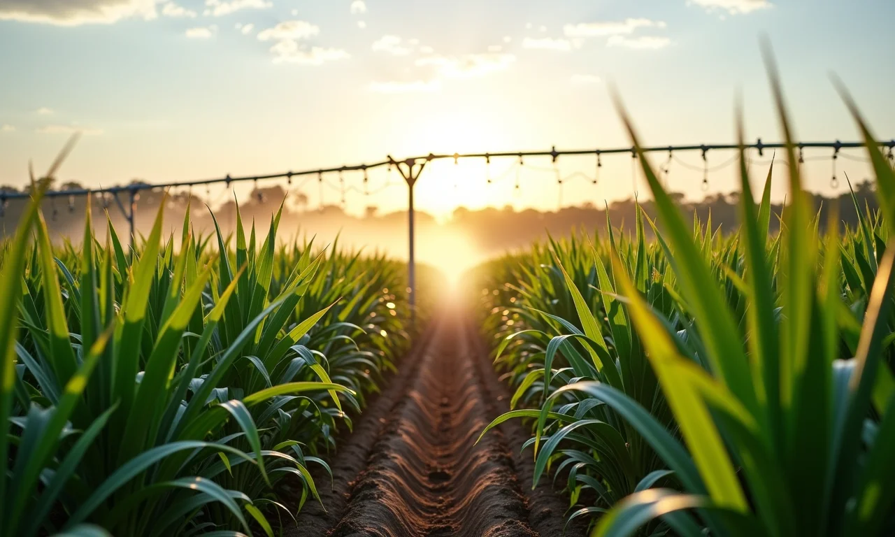 Cana de açúcar com sistema de irrigação.