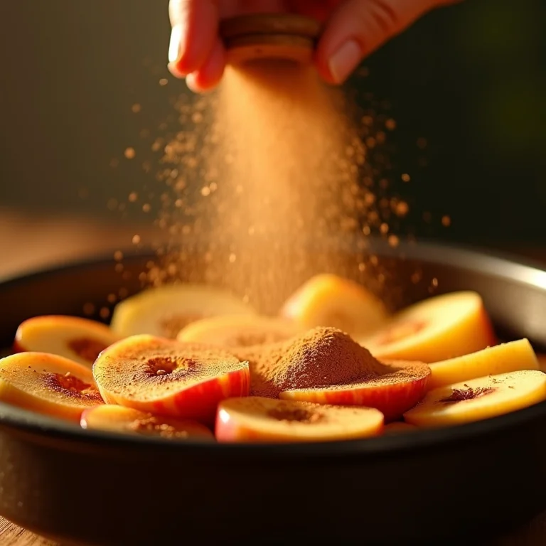 Canela polvilhada no bolo de maçã.