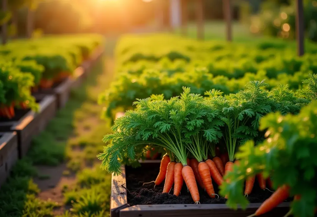 Canteiro de cenouras viçoso em horta ensolarada