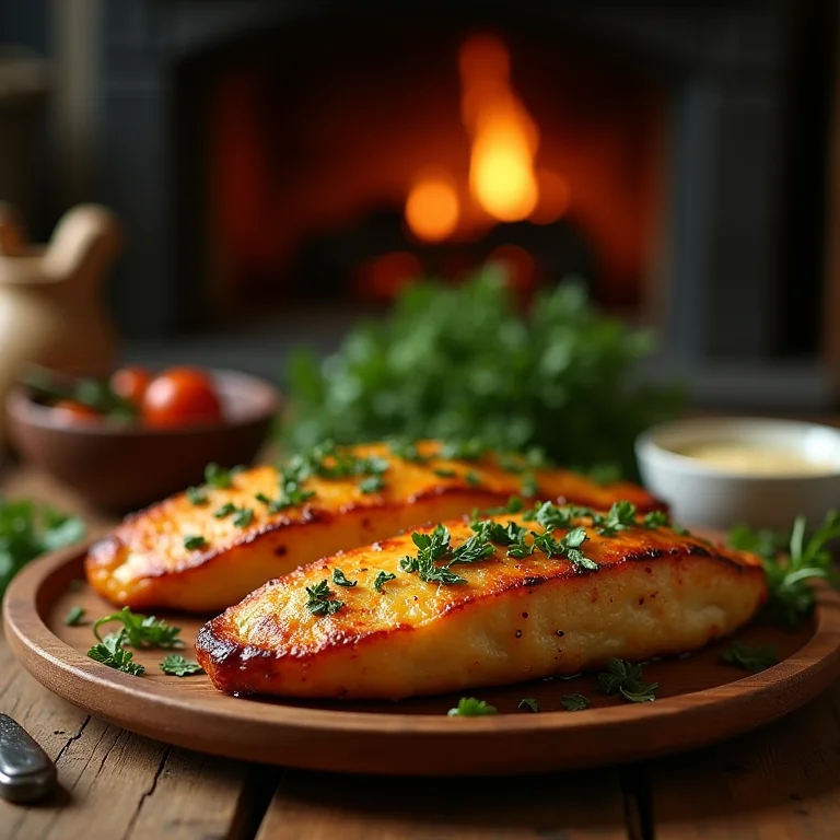 Cará assado com ervas finas em um prato de madeira.