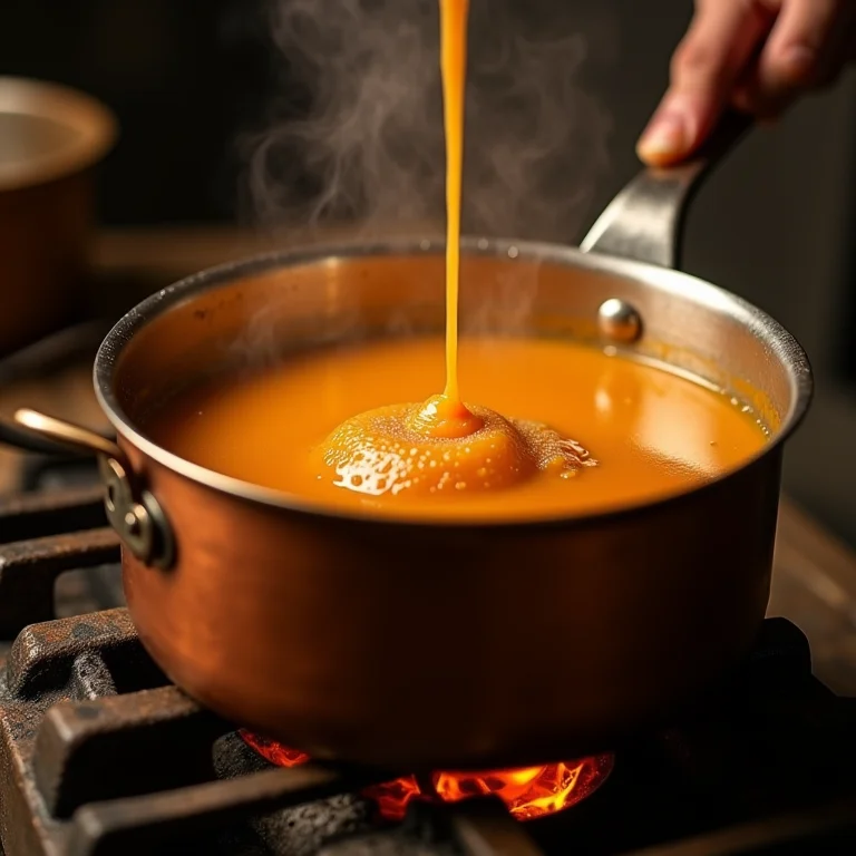 Caramelo dourado sendo preparado em panela de cobre.