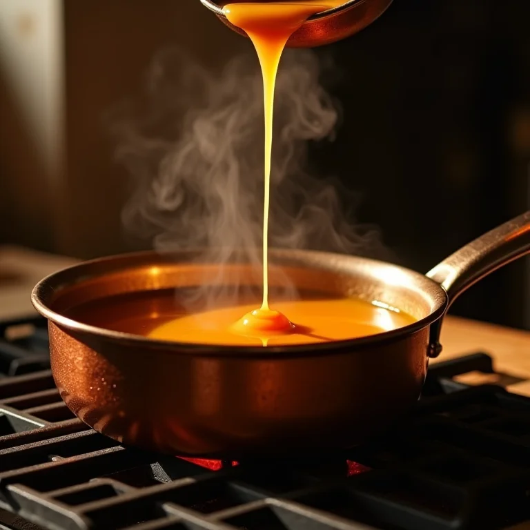 Caramelo sendo preparado em panela de cobre.