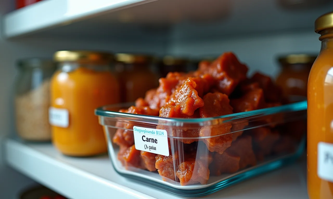 Carne de panela armazenada na geladeira em pote de vidro.