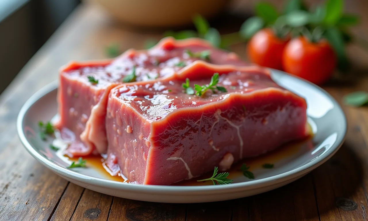 Carne de panela congelada em um pote com data.