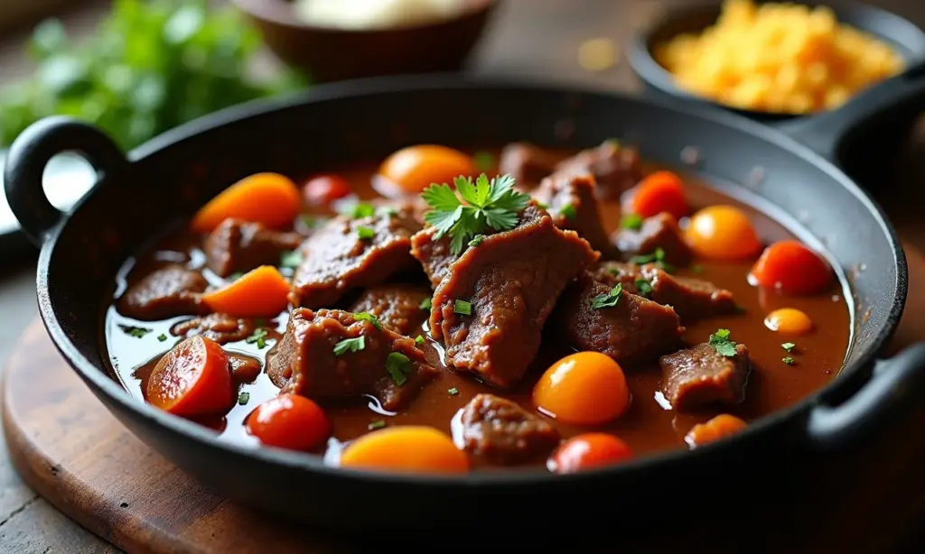 Carne de panela desfiando, pronta para servir em uma cozinha rústica.