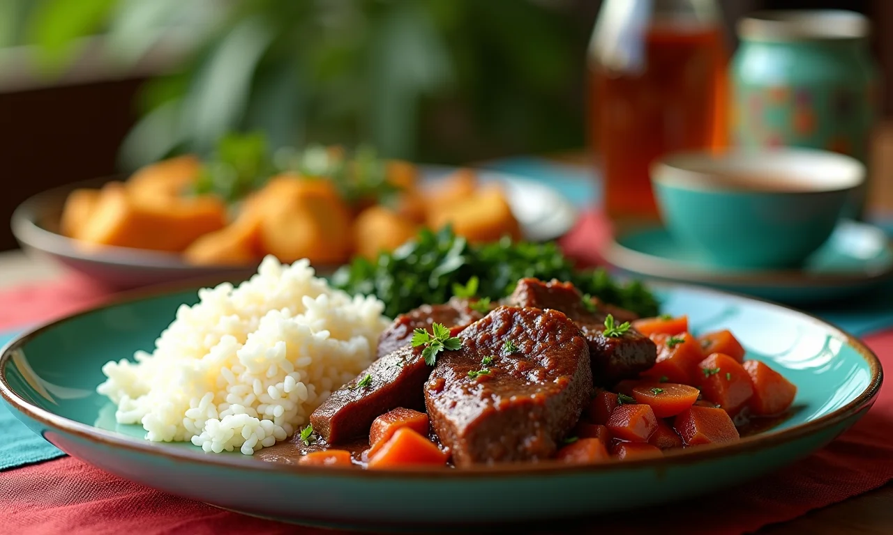 Carne de panela servida com arroz, farofa e couve refogada.