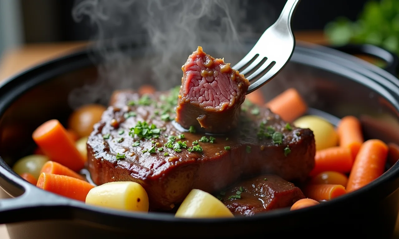 Carne de panela super macia desfiando com um garfo.