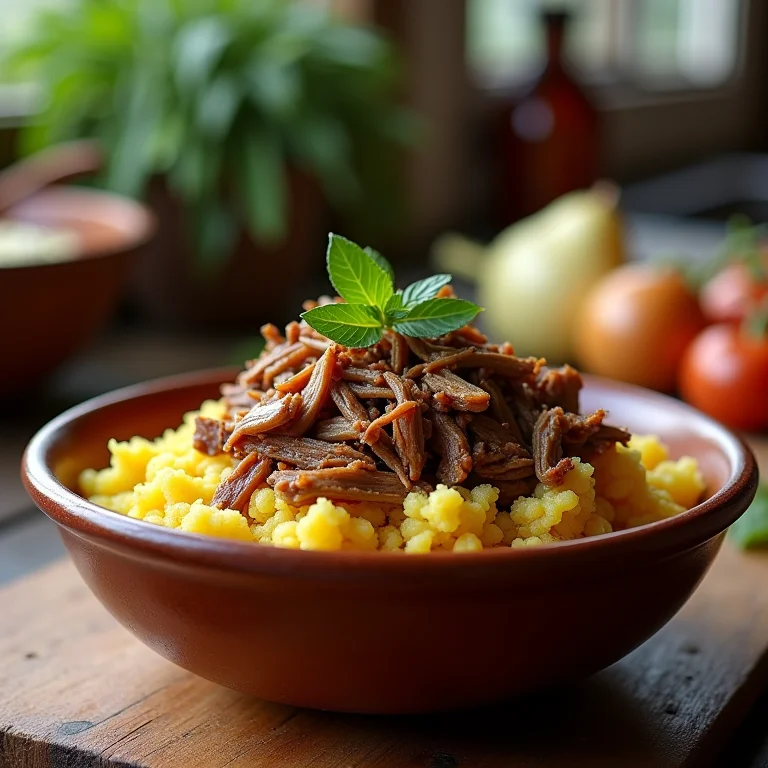 Carne de porco desfiada com mandioca cozida