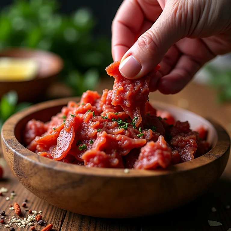 Carne seca desfiada sendo selecionada para o recheio do pão de queijo.