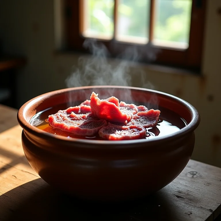 Carne seca sendo dessalgada em uma tigela de barro.