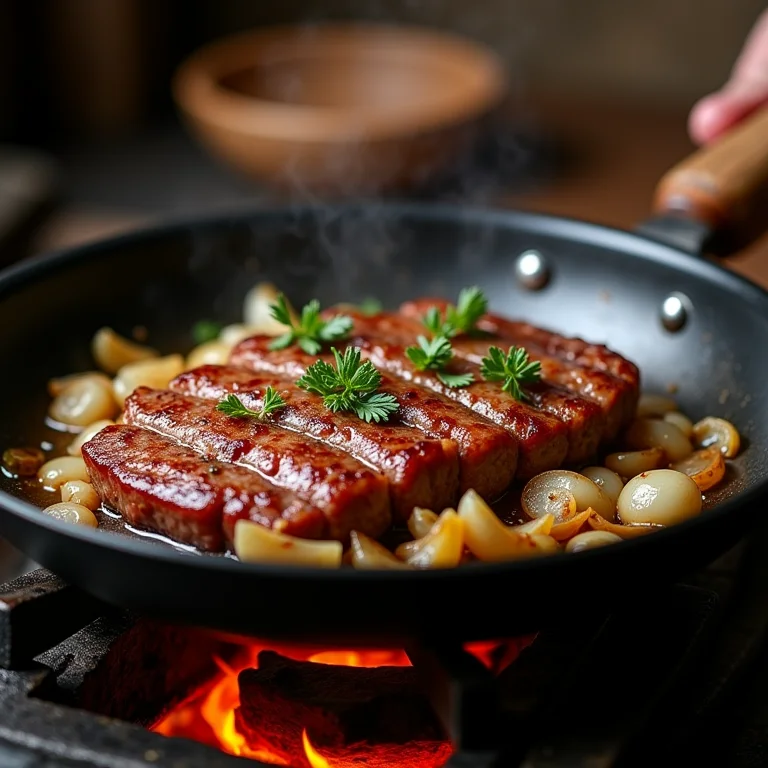 Carne seca sendo refogada com cebola, alho e ervas.