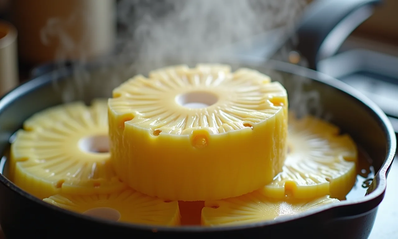 Casca de abacaxi fervendo em uma panela para preparar o bolo.