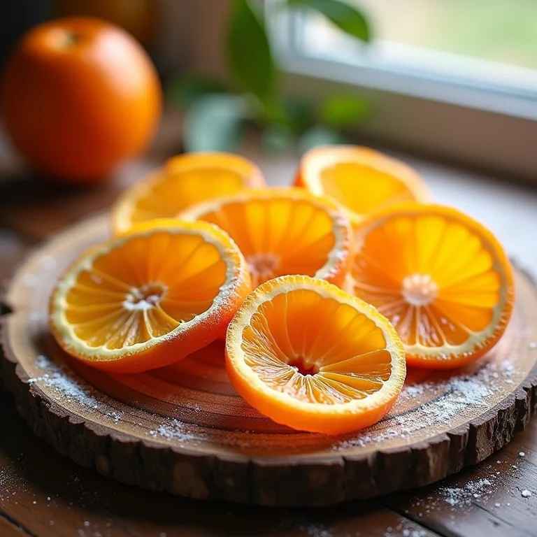 Cascas de laranja cristalizadas em prato de madeira rústico.