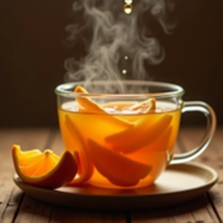 Cascas de laranja em infusão liberando vapor aromático.