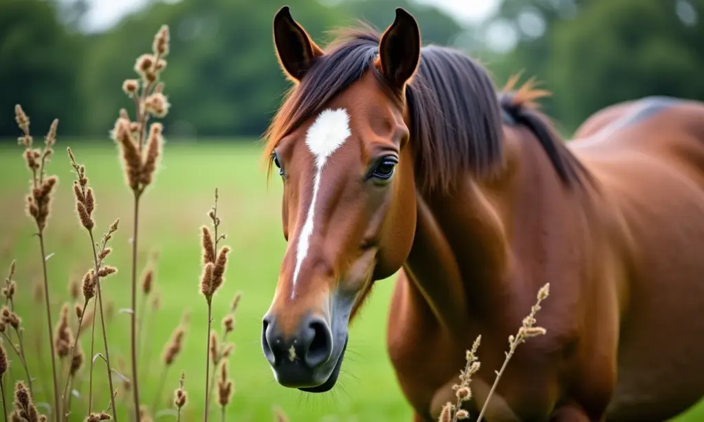 Cavalo saudável no pasto, contraste com plantas tóxicas.