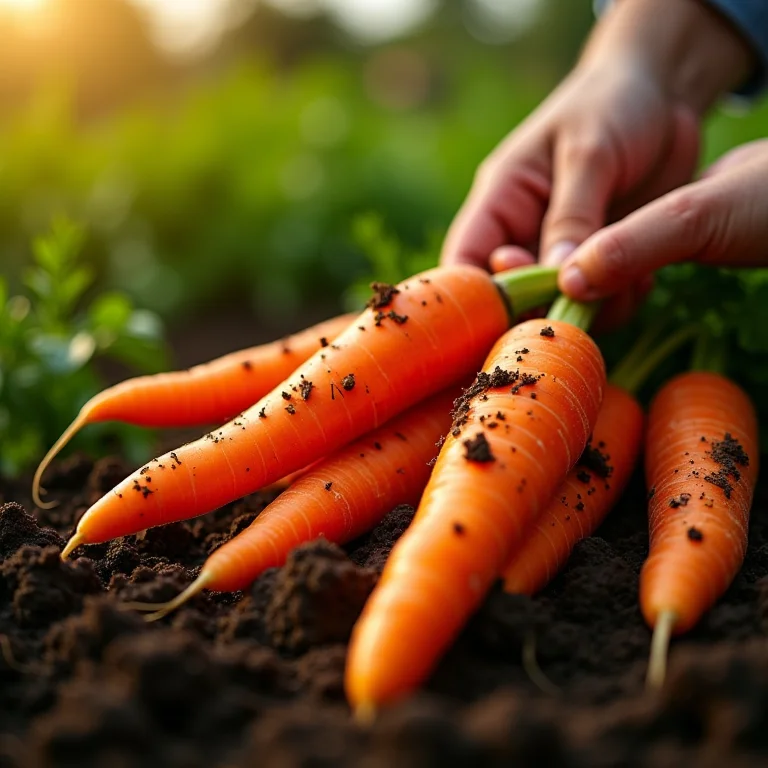 Cenouras frescas sendo colhidas de uma horta orgânica.