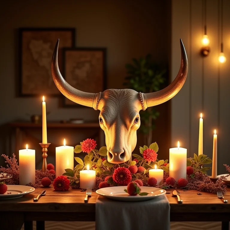 Centro de mesa com chifre de boi e decoração rústica