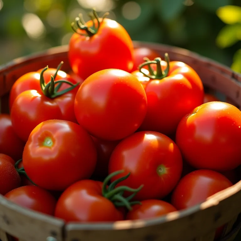 Cesta de tomates frescos e maduros.