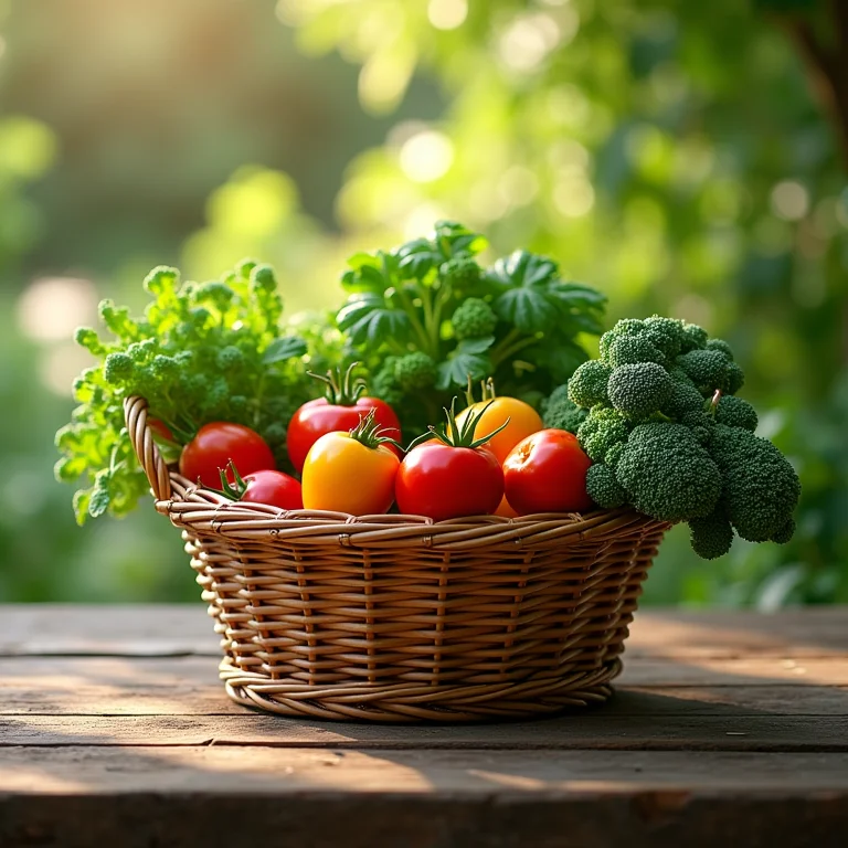 Cesto de vime cheio de vegetais colhidos.