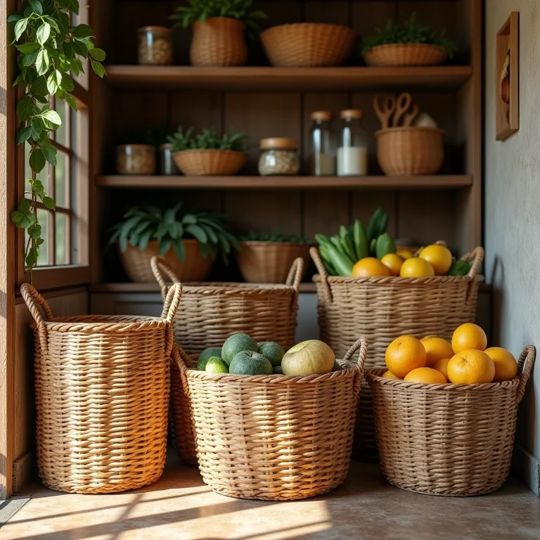 Cestos de palha e vime organizando uma despensa rústica.