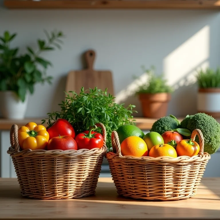 Cestos de vime e palha com frutas e legumes frescos.